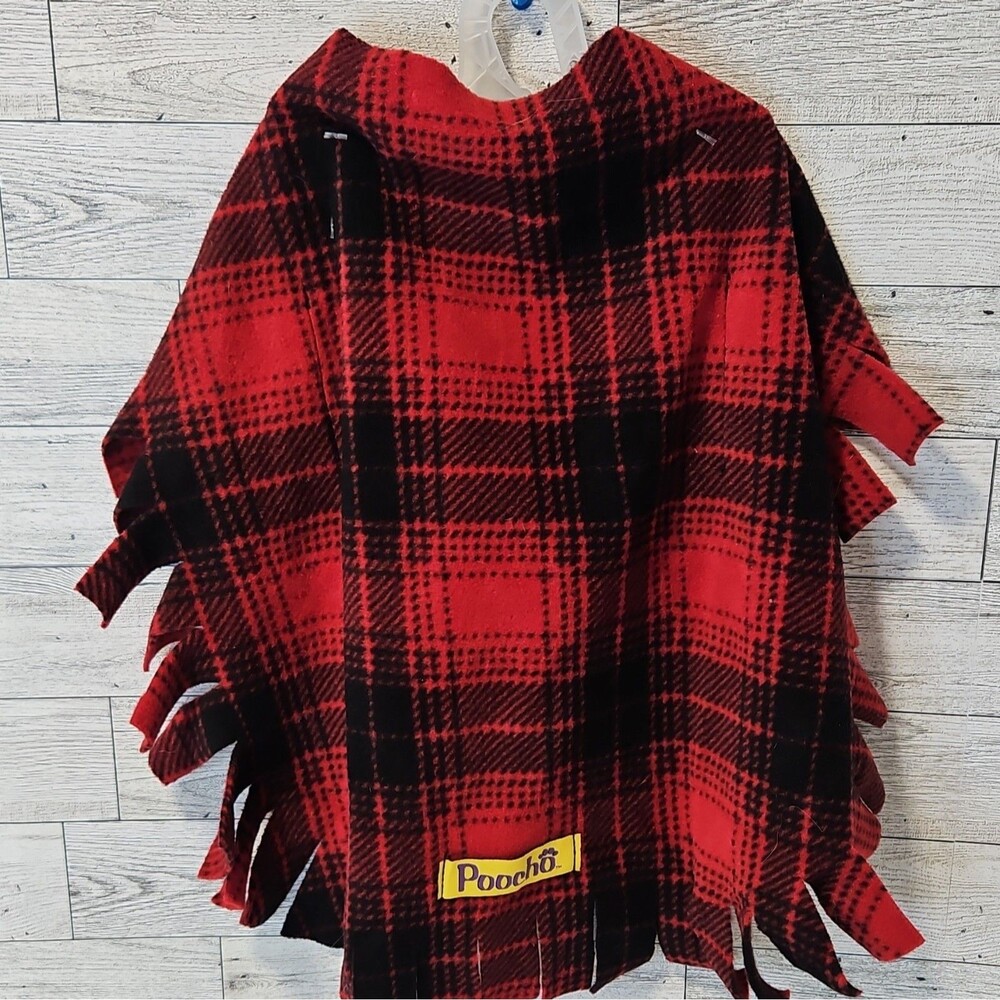 Poochö Dog Poncho M Red Black Plaid Polyester Machine Washable Bow